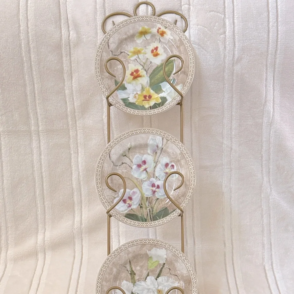 American Atelier Orchids 3 Porcelain Plates Set with wall mounted display stand